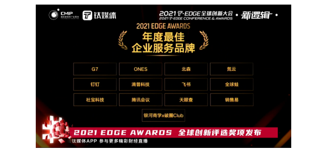 氚云荣获钛媒体2021 EDGE  AWARDS“年度最佳企业服务品牌”。